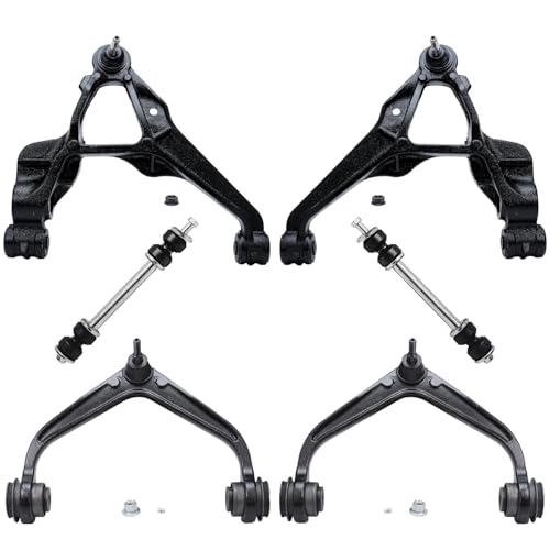 Image of Detroit Axle - 6pc Front End Control Arms Kit for 2011-2019 Chevy Silverado 2500 3500 HD GMC Sierra 2500 3500 HD, 4 Upper Lower Control Arms w /Ball Joints 2 Sway Bar Links Replacement