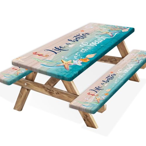JAWO Beach Picnic Table Cover with Bench Covers and Bag, 6ft Outdoor Camper Fitted Picnic Table Cover Cloths with Elastic Edges for Patio Camping Essentials, Waterproof Camping Fitted Tablecloth