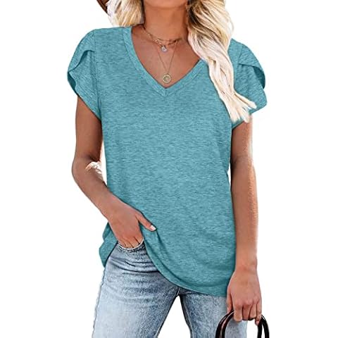 FESCOO Womens Summer Tops Short Sleeve V Neck T Shirts for Women Casual Cute Loose-Fit Tees Blouses,Green,S Cover