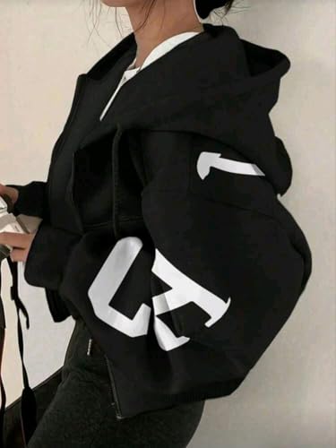 Sweatshirt Winter Cotton Women's Hoodies Thermal Lined, Jacket (Black, L)