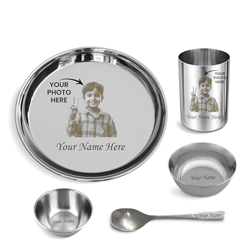 Image of SAVRI Personalized Stainless Steel Dinner Set for Kids - Custom Laser Photo Printed Plate, Bowl, Glass & Spoon with Name & Cartoon Design | 5-Piece Kids Meal Set | Birthday, Return & Daily Gift