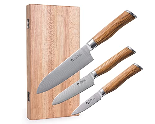 Wakoli Olives 3er Damas Ensemble - Très Haute Qualité Professionnel Couteaux Avec Bois D 'ol Ivier Poignée Damassé Lame, Santoku, Petit D'Office, Damastküchenmesser Cover