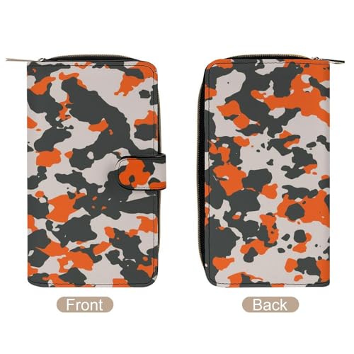 Nugier Women Soft PU Leather Wallet, Zipper Card Case Clutch Credit Bills Money Crash Coin 7.8x4.3x1.4 in Holder Purse Print Seamless Camo Black Gray and Orange Camouflage Pattern4