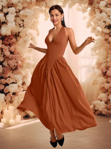 Image of ChiaoLezhee Deep V Neck Dress, Halter Maxi Dresses, Vacation Date Night, Sexy for Women Corset Flowy Wedding Guest Drop Waist