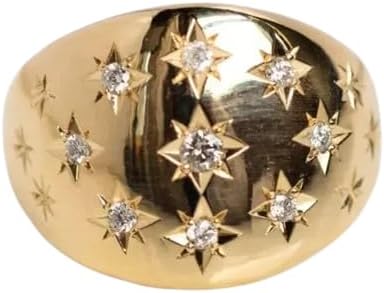 DJ || Dome Wedding Ring With Star Round 1.09CT Round Cut Diamond 14K Yellow Gold Finish Engagement Ring 925 Sterling Silver