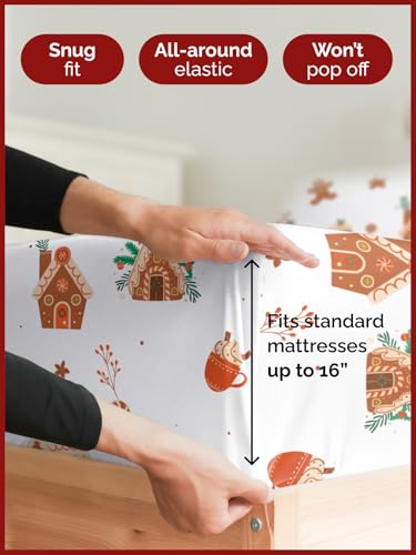 King Gingerbread House Sheet Set - Holiday Xmas Pattern Bedding Set - Deep Pockets - Snug Fit - 4PC - Wrinkle Free & Easy Care - Comfy Festive Winter - Holiday Sheets for Women, Men, Kids & Teens