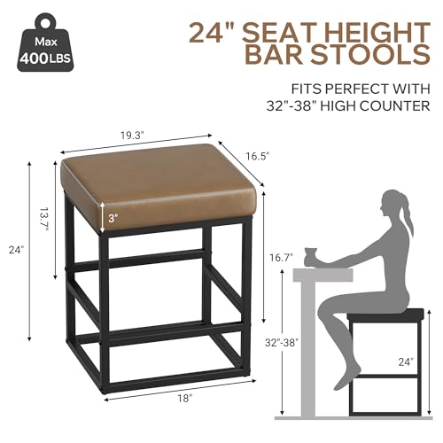 Image of Bar Stools Set of 3, 24in Counter Height Barstools, Faux Leather Counter Stools with Thick Square Seats & Sturdy Metal Base, Modern Bar Chairs for Kitchen Island (Coffee)