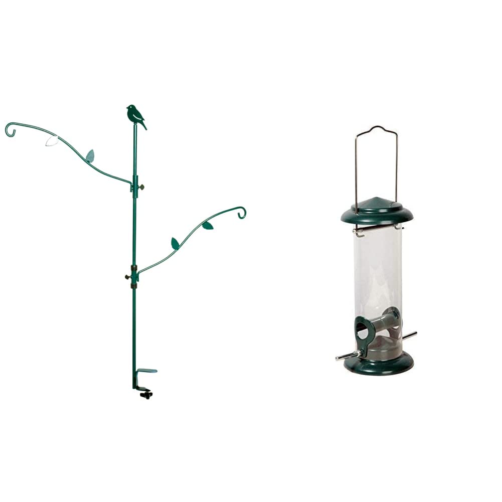 dobar 10854 Großer Balkonhalter Futtersäulen & Meisenknödelhalter & Vogelfutterstationen - 86 x 100 cm - Dunkelgrün & ® 11516 Kompakte Vogelfuttersäule mit Anflugstangen- Ø 9,5 x 23 cm - Grün