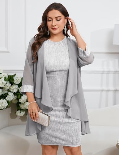 Image of ZOMVA Plus Size Sparkly Formal Dress Suit 2 Piece Mother of The Bride Groom Chiffon Jacket Outfit Cocktail Evening