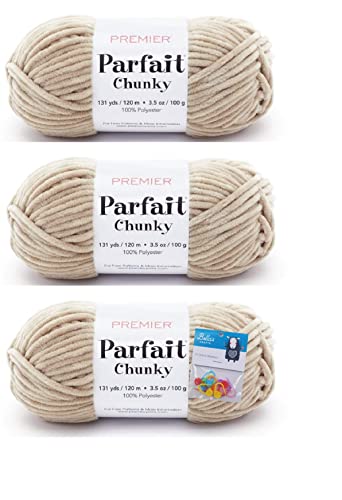 Premier Yarns Parfait Chunky Chenille Yarn 3.5 Oz 6 Super Bulky Weight 3 Pack Bundle with Bellas Stitch Place Holders (Toffee)