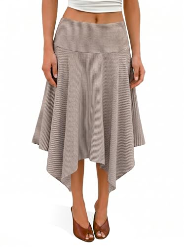 Tankaneo Womens Striped High Waisted Midi Skirt Summer Flowy Asymmetric Hem Casual A Line Skirts Coffee