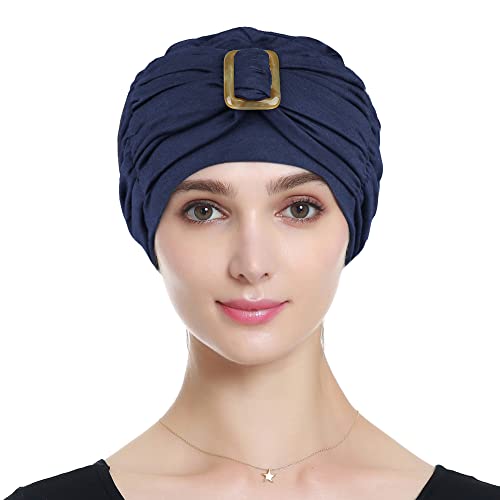 Head Wraps For Women Soft Cotton Beanie Hats For Cancer Patients Navy Blue #TOP2