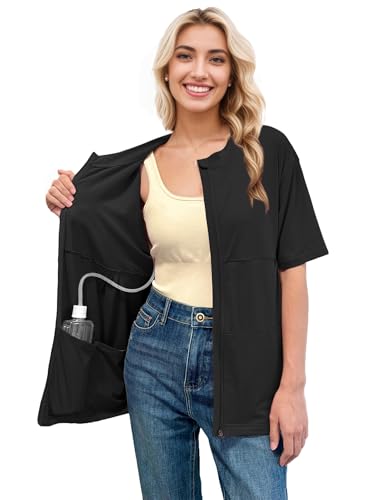 RAGEMALL Post Mastectomy Shirts with Drain Pockets Surgery Recovery Must Haves Clothing Comfy Front Zip Up Short Sleeve Tops Black XXL