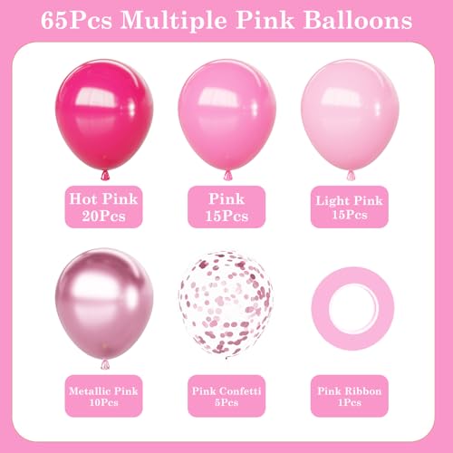 Image of Pink Balloons Set, 65Pcs 12Inch Hot Pink Latex Balloons Baby Light Pink Balloon for Girls Women Baby Shower Wedding Valentine's Day