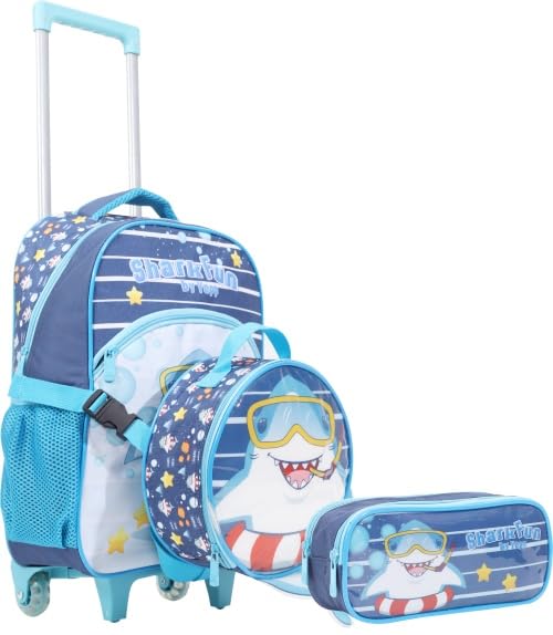 Kit Mochila de Rodinha Lancheira Térmica e Estojo Duplo Shark Fun Yepp MIM6325 (Azul)