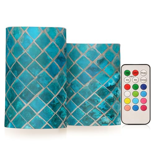 Image of Eionryn Turquoise Ceramic Mosaic Flameless Candles Moroccan Pattern Green Teal Battery Operated LED Candles with Remote Timer Electric Candles for Home Party Decor 2pcs