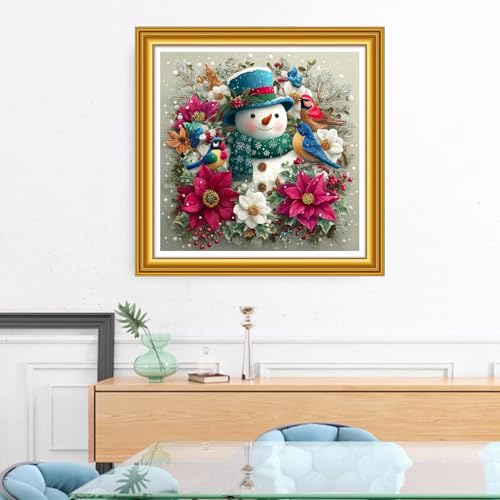Image of Foxhool Stamped Cross Stitch Kits,11CT Printed Cross Stitch Pattern Full Embroidery Kits for Beginner Needlepoint Kits&Snowman Flower Bird 18x18 inch