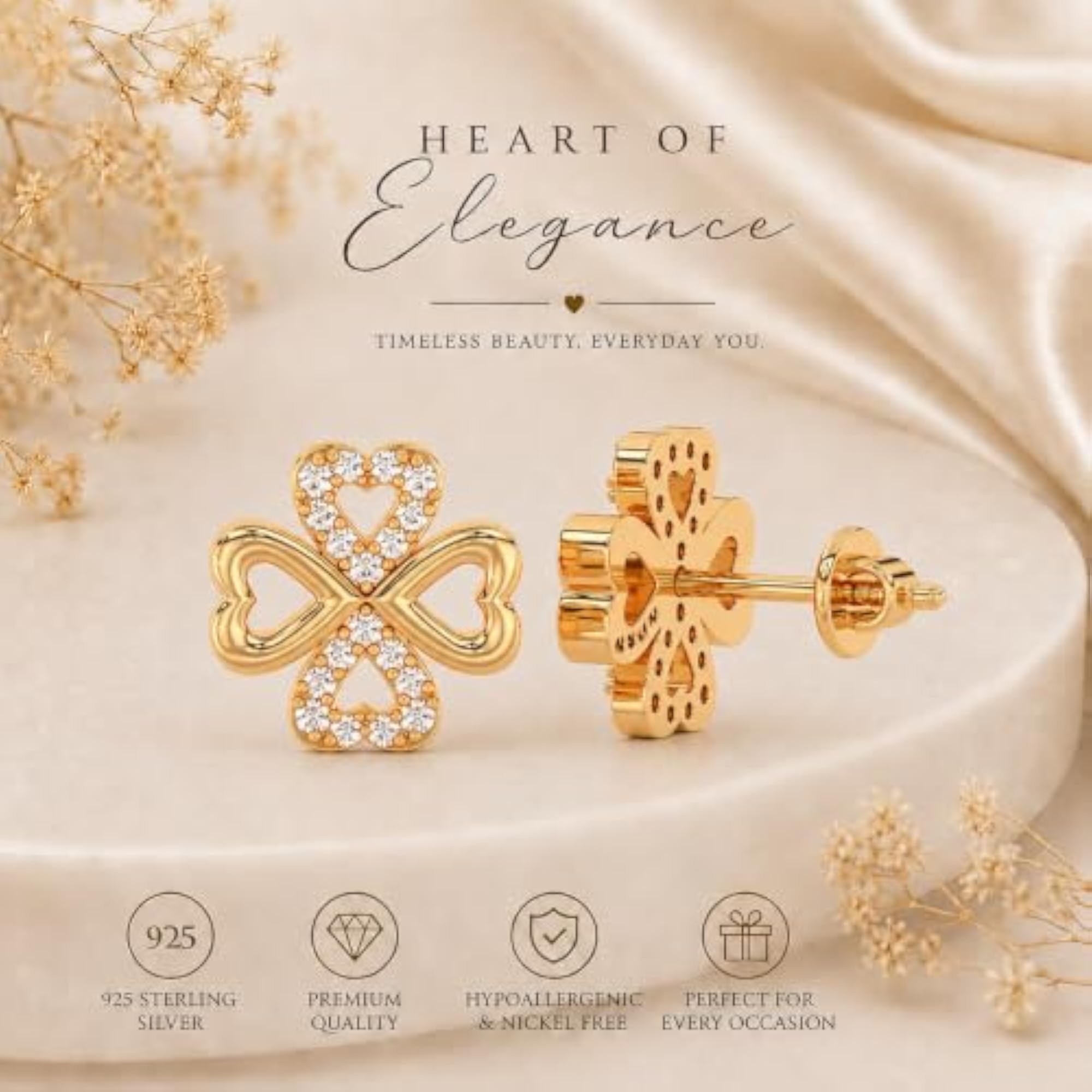 Women's 925 Sterling Silver Gold Plated Infinity Heart Cubic Zirconia Stud Earrings