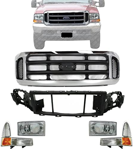 US AUTO PARTS PLUS New Front Grille + Opening Header Panel + Head Lamps + Corner Lights Right Passenger & Left Driver Side Direct Replacement For Ford F-250 F-350 Super Duty/Excursion 2002-2004
