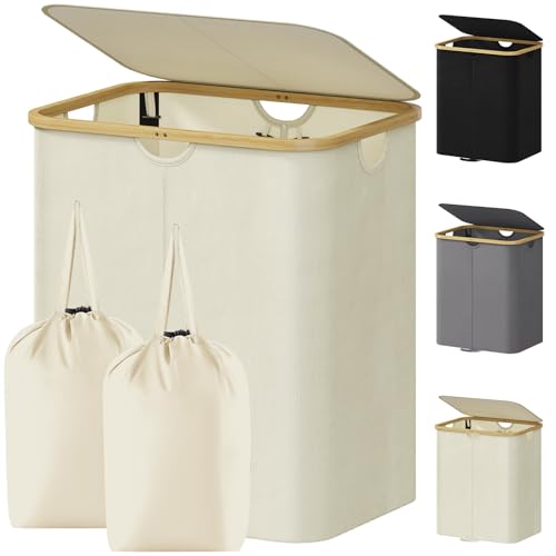 Lifewit 125L Laundry Basket with Lid, Clothes Hampers for Laundry with Bamboo Handles and Removable Laundry Bags, Large Foldable Laundry Hamper for Bedroom, Bathroom, Dorm, Laundry Room, Cream White