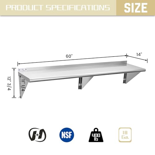 Image of Hally Stainless Steel Shelf 14 x 60 Inches, 400 lb, Commercial Wall Mount Floating Shelving for Restaurant, Kitchen, Home and Hotel