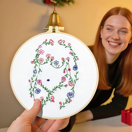 Image of Woman Flowers Embroidery Kits for Beginners Adults, Floral Hand Embroidery Starters Kits, Stamped Cross Stitch Kits DIY Needlepoint Kits for Beginners Adult, Embroidery Hoop, Thread and Video Tutorial
