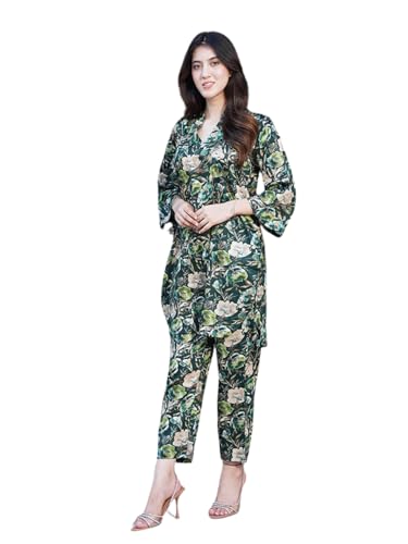 Image of NAINVISH Women Rayon Blend Floral Ethnic Co-Ord Set | Casual Wear Pant Top Set | Fancy | Full Pair Set | Co Ord Set Stylish | Winter | Top & Pant Set