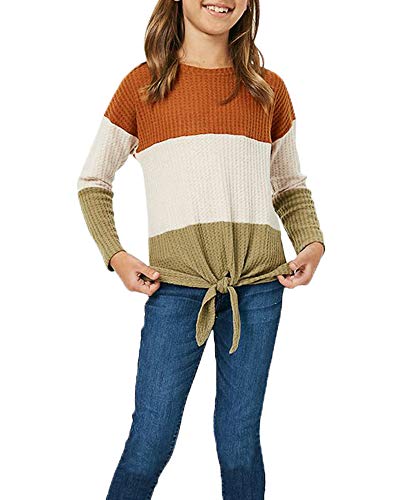Girls Waffle Colorblock Tie Top Long Sleeve Casua T Shirt Knit Tunic
