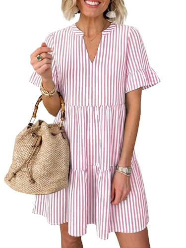 Image of Caracilia Dresses for Women Summer 2026 Striped V Neck Ruffle Sleeve A Line Tiered Flowy Casual Mini Beach Dress with Pockets