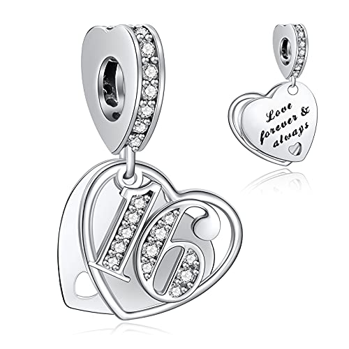 NINGAN 16 Years of Love Forever & Always Dangle Charm for Pandora Bracelets 925 Sterling Silver Pendant Bead with Cubic Zirconia Birthday Jewelry Gifts for Women Wife Mom Girls Her