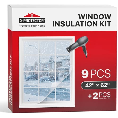 X-Protector Window Insulation for Winter - 9 Pack 42in x 62in - Clear Window Insulation Kit - Perfect Sealer from Cold - Plastic Thermal Cover to Keep The Home Warm!