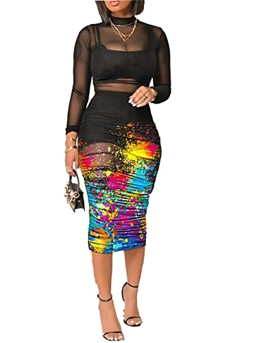 Women Sexy See Through Sheer Mesh Bodycon Midi Dress Long Sleeve Skirt 3 Piece Outfits Set Floral Print Cover Up