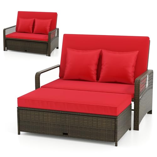 LDAILY Moccha Outdoor Daybed, PE Rattan Double Chaise Lounge w/ 4-Level Adjustable Back, Storage Ottoman, Cushions & Pillows, Separated Seating, Wicker Sunbed for Garden Patio Furniture Set (Red)
