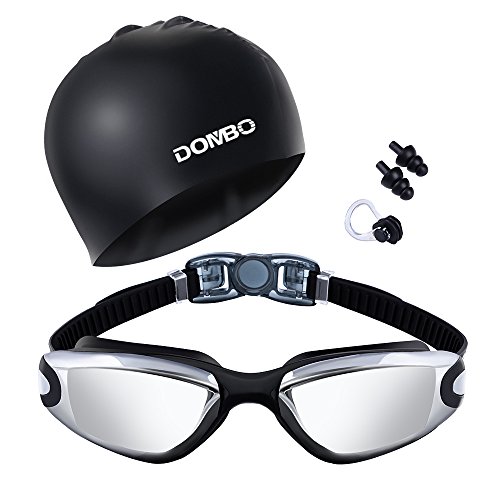 Dombo Swim Goggles Silicone Swim Cap, Swimming Goggles No Leaking Anti Fog UV Protection Triathlon with Protection Case, Earplugs, Nose Clips for Adult Men Women Youth Kids Child, Black