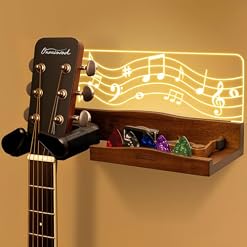 Guitar Wall Mount with LED Light, Auto Lock Guitar Hanger with Shelf and Pick Holder, Wood & Acrylic Light Up Guitar Holder Wall Mount, Guitar Music Accessories Gifts for Guitar Lover Player - Les Beatles, Paul McCartney, John Lennon, RIngo Starr, George Harrison