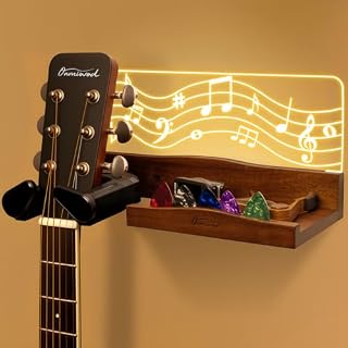 Guitar Wall Mount with LED Light, Auto Lock Guitar Hanger with Shelf and Pick Holder, Wood & Acrylic Light Up Guitar Holder Wall Mount, Guitar Music Accessories Gifts for Guitar Lover Player - Les Beatles, Paul McCartney, John Lennon, RIngo Starr, George Harrison