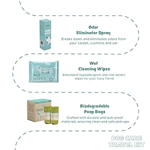 Bark & Clean Dog Supplies Travel Kit - 6 Piece Dog Gift Box Including Grooming Wet and Dry Wipes, Poop Bags, Odor Spray, Pee Pads, and Gloves - Pet Essentials Kit for Camping, Car and Airplane Trips Bark & Clean Dog Supplies Travel Kit – 6 Piece Dog Gift Box Including Grooming Wet and Dry Wipes, Poop Bags, Odor Spray, Pee Pads, and Gloves – Pet Essentials Kit for Camping, Car and Airplane Trips