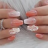Coffin Press Medium Fake Nails - Ombre Orange, White Butterfly Design - Stick On, Glitter Glossy Glue - 24PCS