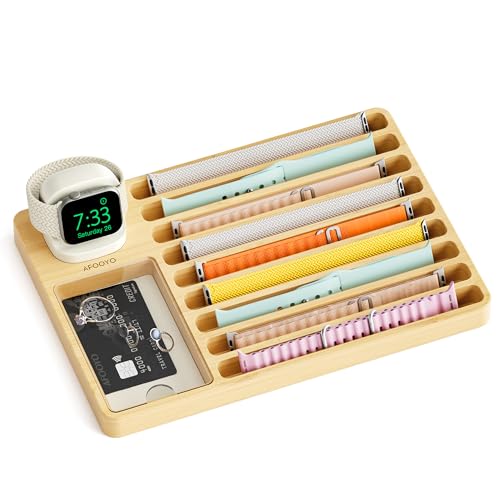 AFOOYO Wooden Watch Band Organizer - Charger Stand Compatible with All Apple Watch Series and Watch Bands Display Watch Storage Case Tray with Acrylic Top Lid(Bamboo)