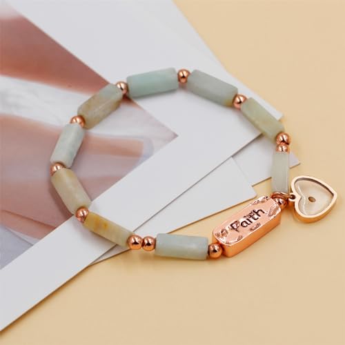 Image of Elastic Faith Bracelet for Women, Adjustable 7 inch Natural Stone Bracelet with Heart Mustard Seed Charm, Spiritual Christian Jewelry for Baptism, Graduation, Religious Celebration YA4856