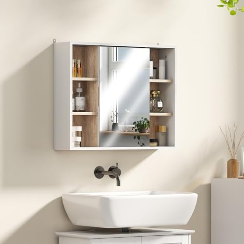Miniatura 6 de Homcom Armario Espejo Con Espacio Interno Con Estantes Ajustables Armario De Baño Montado En La Pared Con Estantes Abiertos 60x14,5x49,4 Cm Blanco Y Roble