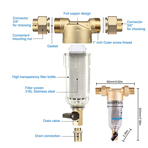 Wasserfilter Wiederverwendbare 1 Zoll Ausspülbarer Feinfilter Wasser Vorfilter Sedimentfilter,Spin-Down-Ersatzfilter, Brunnenwasserschlauch Filterkombination (1“&G3/4”M+G3/4”F)
