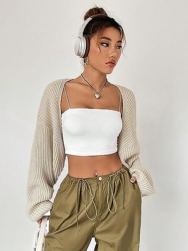Image of WDIRARA Women's Ribbed Knit Open Front Crop Cardigan Drop Shoulder Long Sleeve Sweater Tops