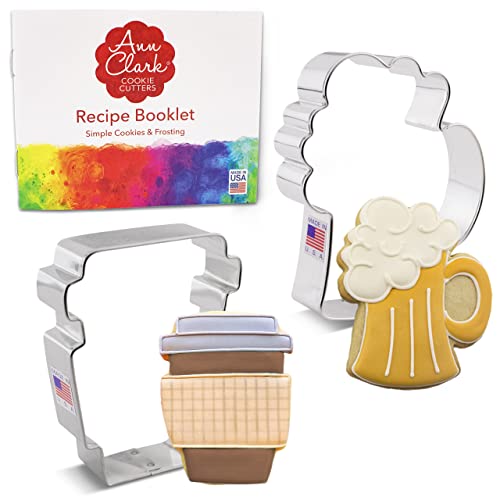 Ann Clark Cookie Cutters Juego de 2 cortadores de galletas bebida con libro de recetas, taza de café latte y jarra de cerveza