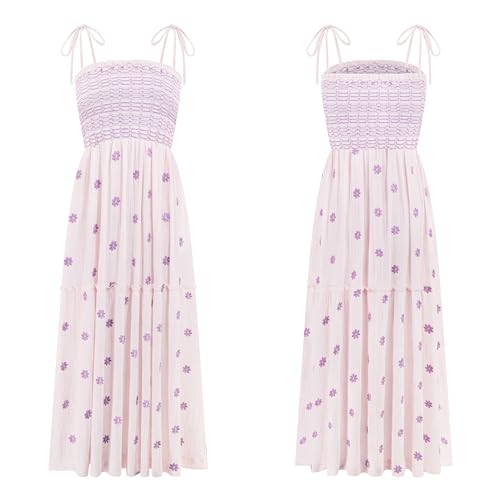 Image of R.Vivimos Womens Summer Cotton Boho Midi Dress 2026 Spaghetti Strap Floral Embroidered Smocked Tiered Flowy Long Dresses