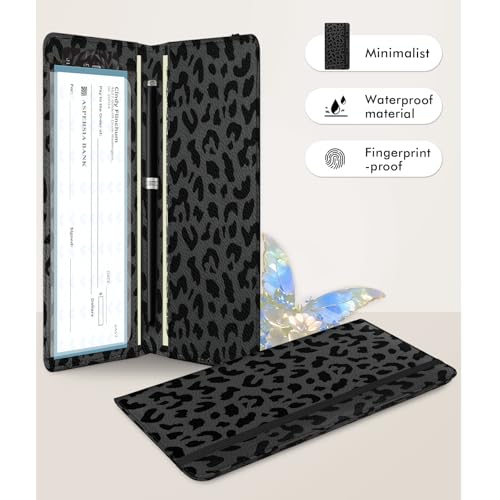 Image of Checkbook Cover for Men Women, Premium Leather Checkbook Holder with RFID Blocking and Built in Clear Plastic Divider for Personal and Business Checks (Leopard-Black)