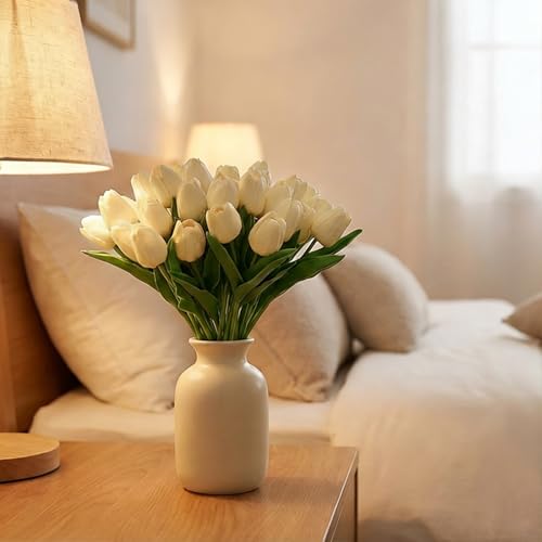 Image of 20Pcs Stems 13.5 Inch Milky White PU Artificial Moisturizing Tulips, Faux Tulips Flowers for Thanksgiving Christmas Decorations Wedding Home Table Vase Floral Arrangements