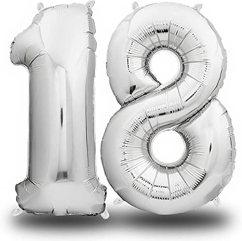 Folienluftballon Zahl Silber - 100 cm - Riesen Zahlenballon - Fliegt mit Helium - Luftballon Zahl Geburtstag - Geburtstagsdekoration - Deko Geburtstag (18 einzeln) Cover