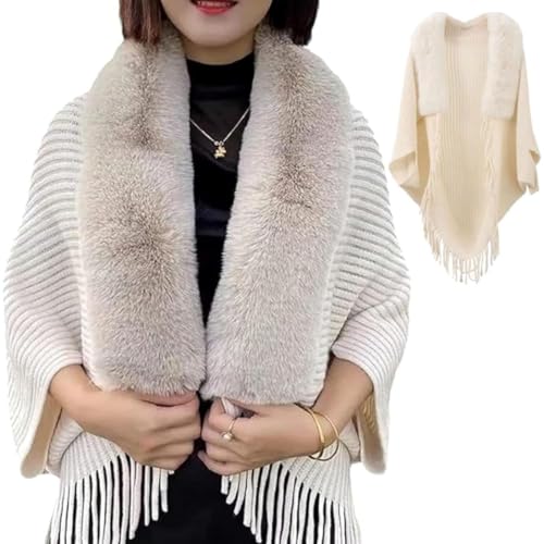 Permitime Shawl,Knitting Thick Women's Loose Shawl with Fur Collar,Winter Elegant Cozy Warm Fringe Shawl Cardigans
