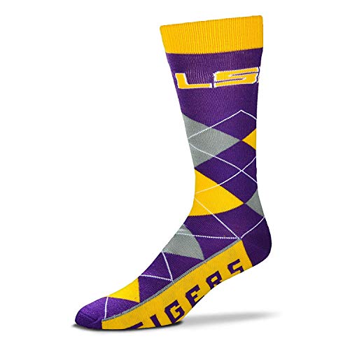 For Bare Feet - NCAA Men's Argyle Lineup Crew Socks Large & Medium Available (LSU Tigers, Medium (5-10))